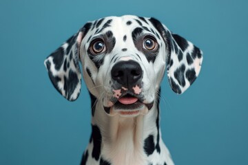 A close-up shot of a Dalmatian dog with a blue background