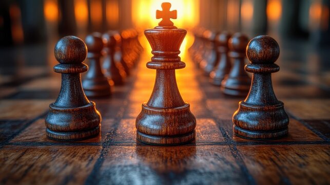 Close-Up of Wooden Chess Pieces with a King in Focus Against a Colorful Background at Sunset, Symbolizing Strategy, Competition, and Mind Games