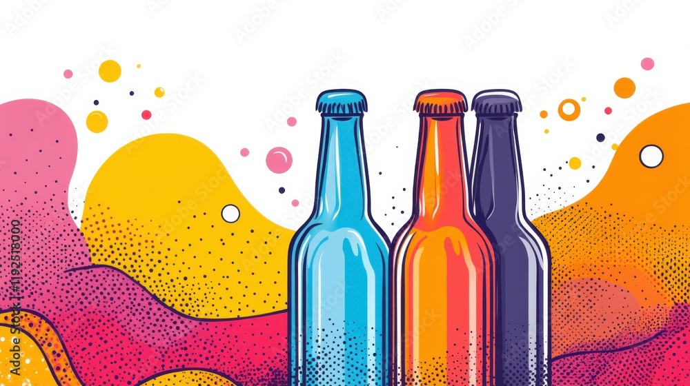 Poster colorful beverage bottles against vibrant abstract background with dynamic patterns and shapes for c