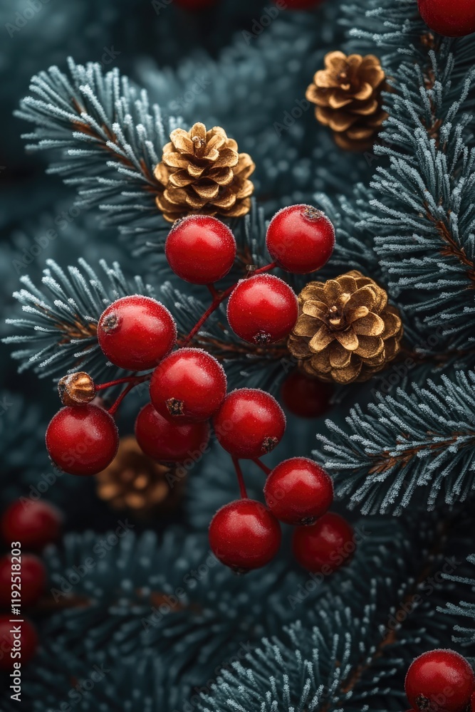 Poster A close-up view of a tree branch featuring red berries and pine cones