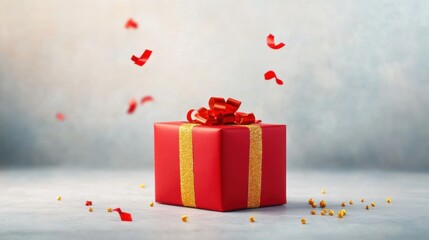 Festive red gift box with gold ribbon and bow on white surface surrounded by floating red and gold confetti against a soft smoky background, evoking celebration
