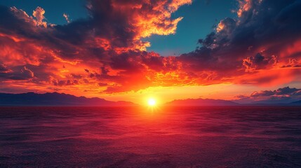 Majestic sunset over vast desert landscape with vibrant colors and dramatic clouds