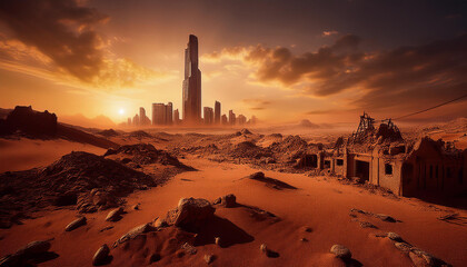 Post apocalyptic desert with ruined city skyscraper in distance. Abandoned, survival landscape