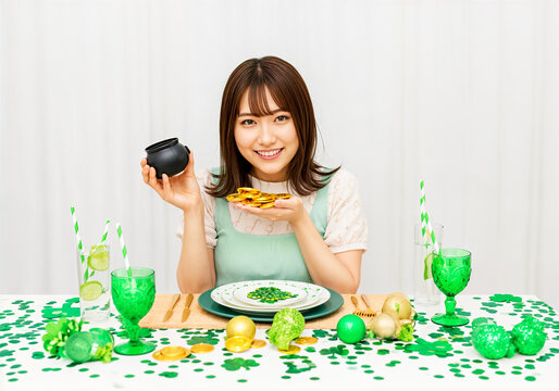 Woman celebrating St. Patrick's Day with gold coins at festive table