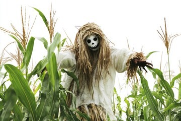 Obraz premium A lone scarecrow stands amidst a field of tall corn, ready to protect the crops