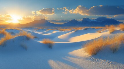 Naklejka premium Sunset over sandy dunes with gentle grasses in a serene desert landscape