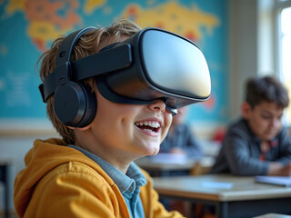 Litte kid immersed in virtual reality experience, wearing vr headset in a classroom, futuristic technology for education