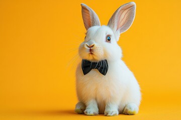 Obraz premium Adorable white bunny rabbit wearing a black bow tie against a vibrant yellow background. Perfect for Easter, spring, or pet-related projects.