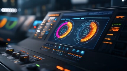Obraz premium Advanced futuristic control panel, neon holograms, sleek cyberpunk style, 3D illustration