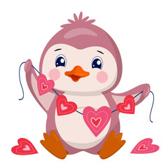 Vector romantic poster with funny penguin with hearts garland. Cute Valentine s day greeting card. Funny characters