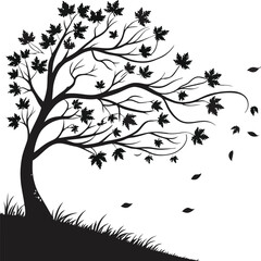 Autumn Leaves Silhouette Tree with Whimsical Wind-Swept Branches Vector Art