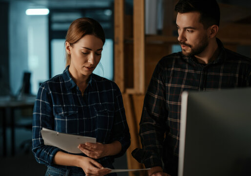 Colleagues reviewing documents at night