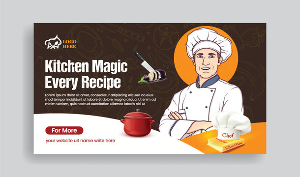 online chef cooking class horizontal banner and culinary training center web banner template with chef flat illustration, restaurant food banner design