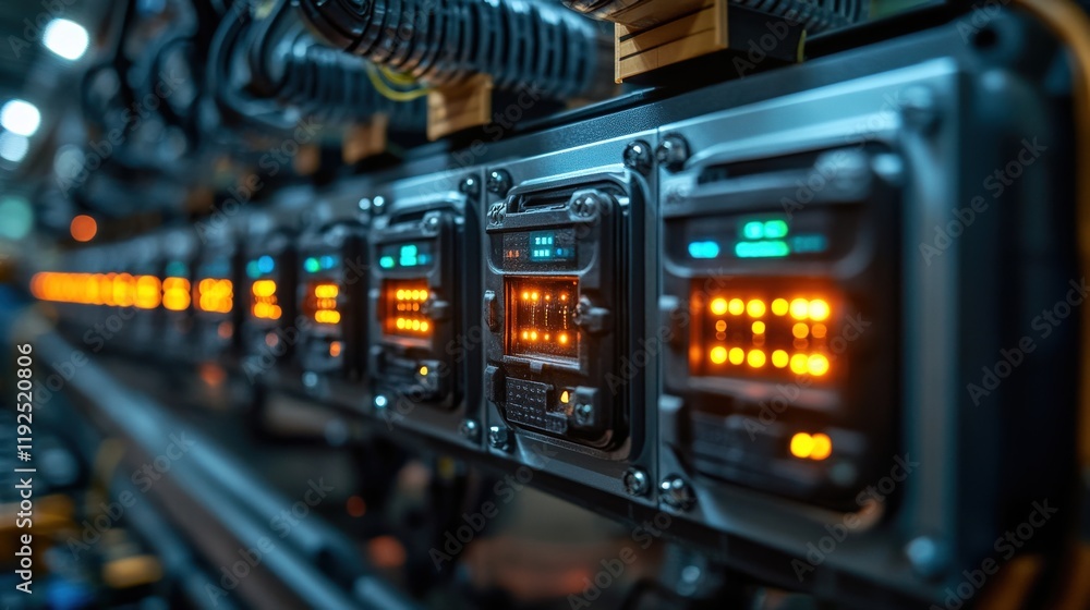 Aufkleber close-up view of modern control panel with illuminated digital displays and complex wiring in high-t