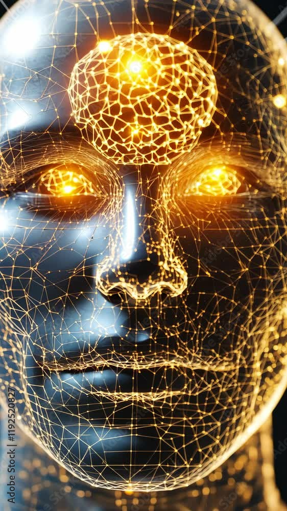 Poster futuristic humanoid model with glowing neural patterns in digital art representation