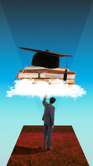 Man pointing toward cloud with books and graduation cap, symbolizing ambition, achievement, and...