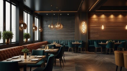 Fine dining restaurant interior design concept, 3d rendering