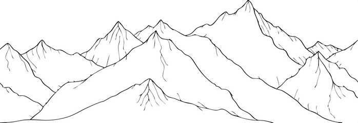 A vector illustration of a mountain silhouette drawing landscape outline framing the design