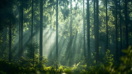 Obraz premium Sunbeams Illuminate Misty Forest Trees