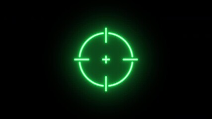 Neon aim cross animation, slow blink. Glowing neon target icon, looped slow flashing animation. Crosshair, gun aim, sniper target, bullseye, hunting, target audience. Green, yellow, orange colors