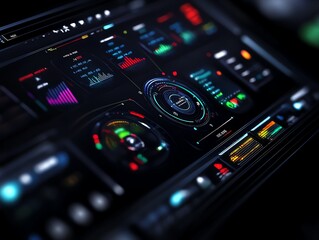 Obraz premium Futuristic entertainment dashboard, glowing interactive panels, scifi look, 3D illustration