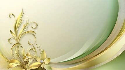 Golden Floral Design with Elegant Green Waves Background