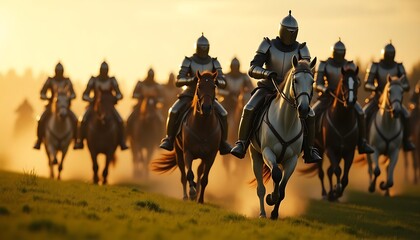 A group of medieval knights in plate armor riding horses in a field