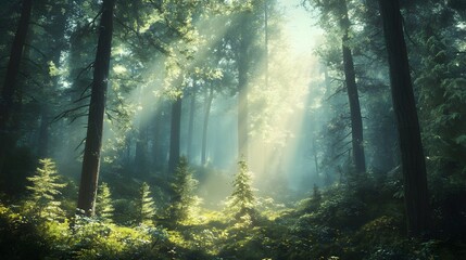 Obraz premium Sunbeams Illuminate Misty Forest Scene With Young Tree