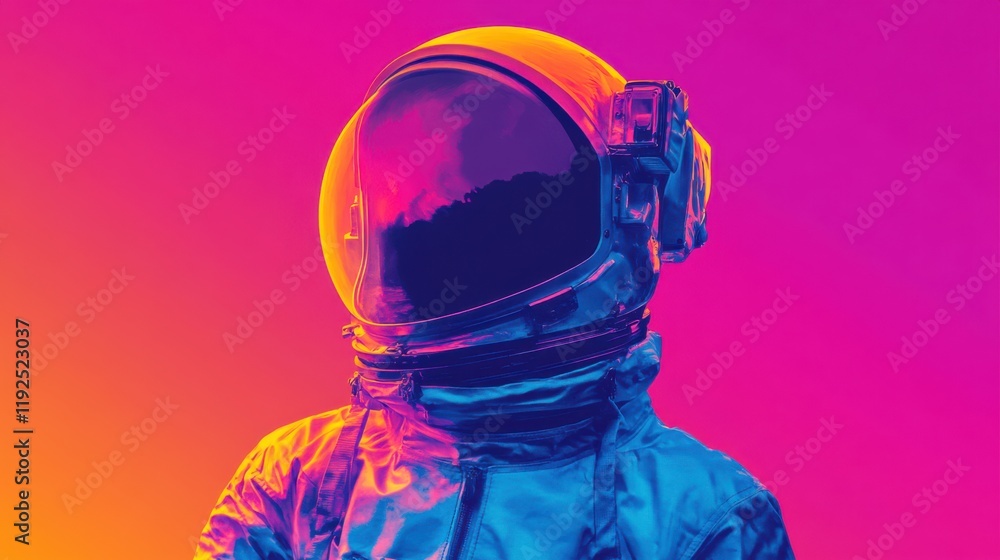 Poster futuristic astronaut in vibrant colorful space suit against a gradient neon background representing 