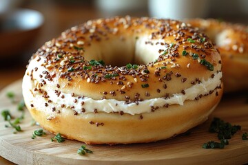 A close-up shot of a delicious bagel topped with cream cheese and colorful sprinkles