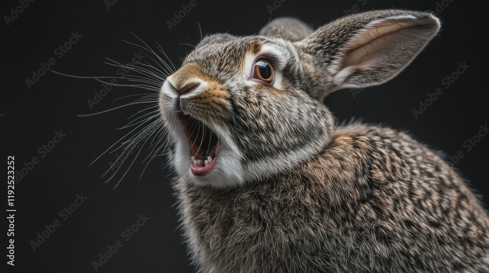 Poster a close-up shot of a rabbit with its mouth open, ideal for use in animal-related or educational cont