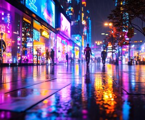 Silhouettes walk along a vibrant, neon-lit city street at night, with colorful reflections on the rain-soaked pavement.