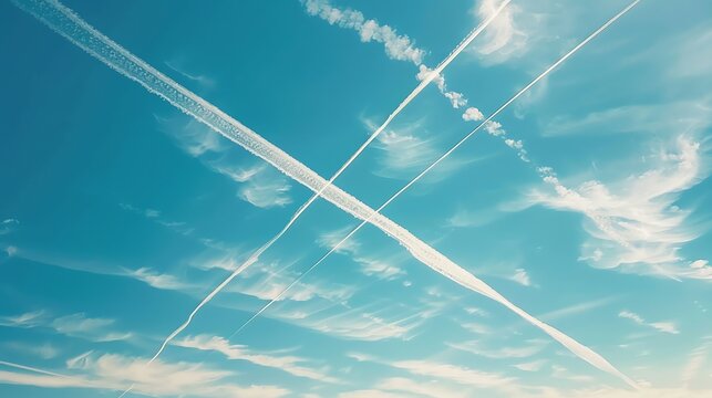 White contrails crisscrossing a blue sky. - Powered by Adobe