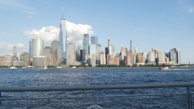 New York City waterfront skyline, Manhattan Downtown Financial district, World Trade Center building, riverfront skyscrapers. From Paulus Hook, New Jersey. United States architecture. Hudson river.