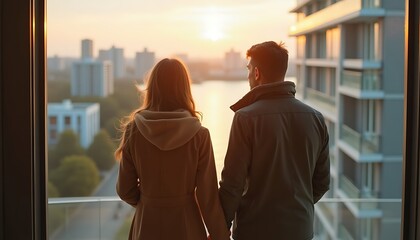 A couple looking out of their apartment balcony window