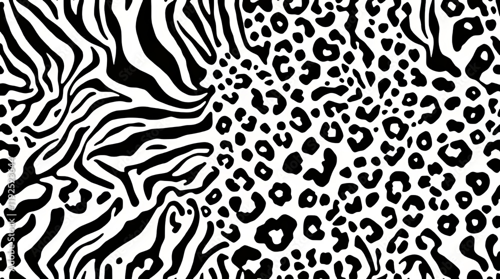 Poster animal print pattern with zebra and leopard spots in black and white background