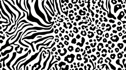 Fototapeta premium Animal print pattern with zebra and leopard spots in black and white background