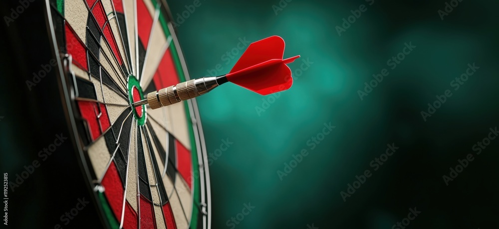 Poster dartboard with red dart hitting bullseye, close-up shot, dark background, precision and focus in dar