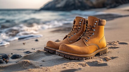 Leather boots on sandy beach, ocean waves background. Adventure travel footwear