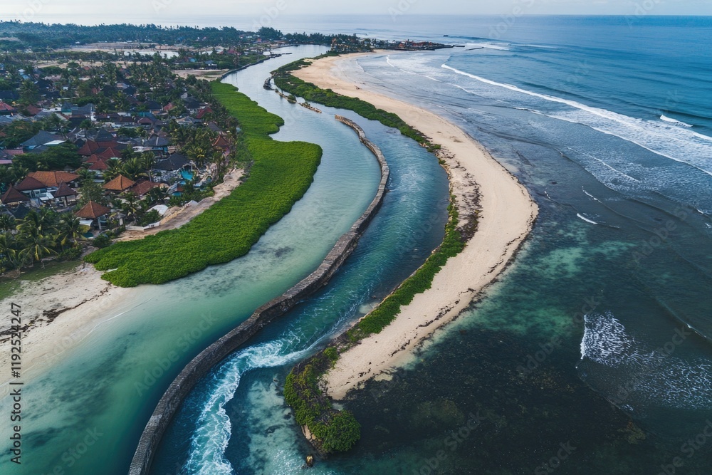 Wall mural aerial view of a beach and ocean with no people in sight, ideal for depicting isolation or serenity