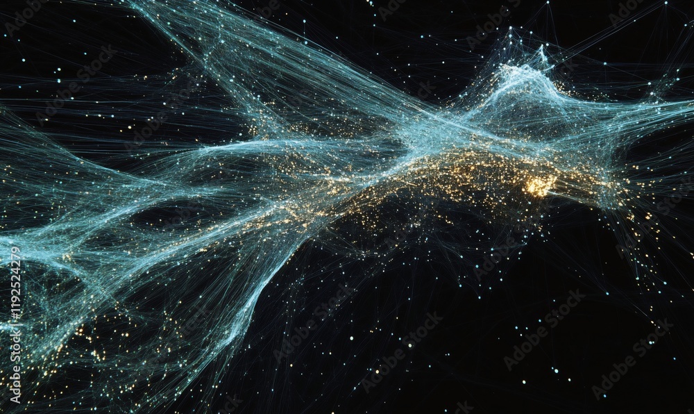 Poster abstract digital visualization of cosmic connections and energy flows, featuring luminous particles 