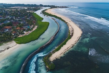 Fototapeta premium Aerial view of a beach and ocean with no people in sight, ideal for depicting isolation or serenity