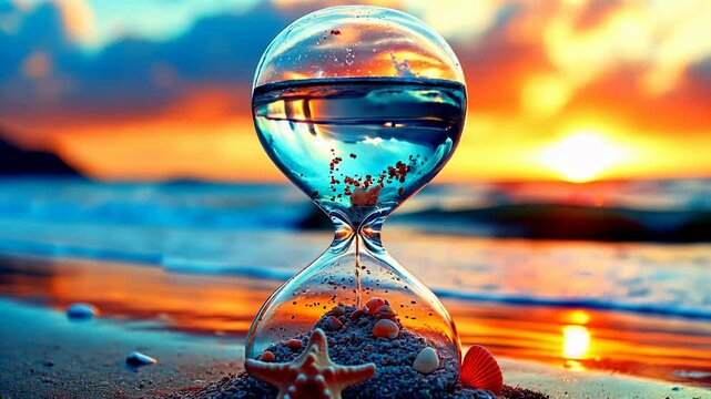 Hourglass filled with ocean water and shells captures the essence of summer. Each wave and ripple represents a fleeting yet vibrant memory