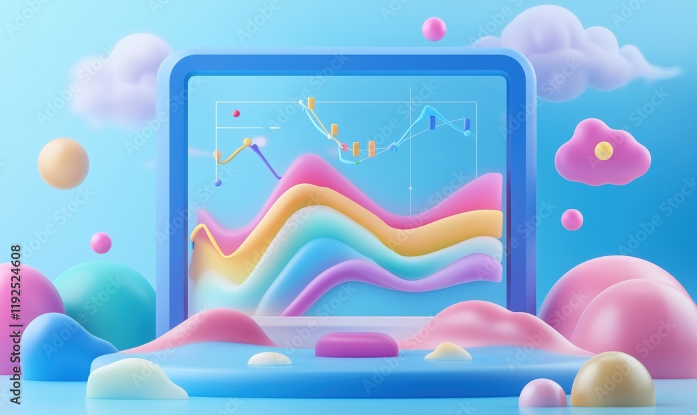 Poster colorful 3d data visualization with smooth curves and graphs on laptop screen, abstract shapes and c