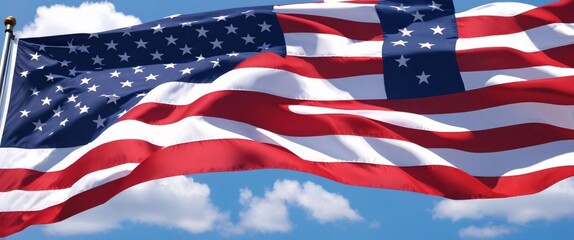 Fototapeta premium American Flag Waving: A vibrant American flag billows majestically in the wind, its red, white, and blue stripes and stars symbolizing freedom, unity, and patriotism.