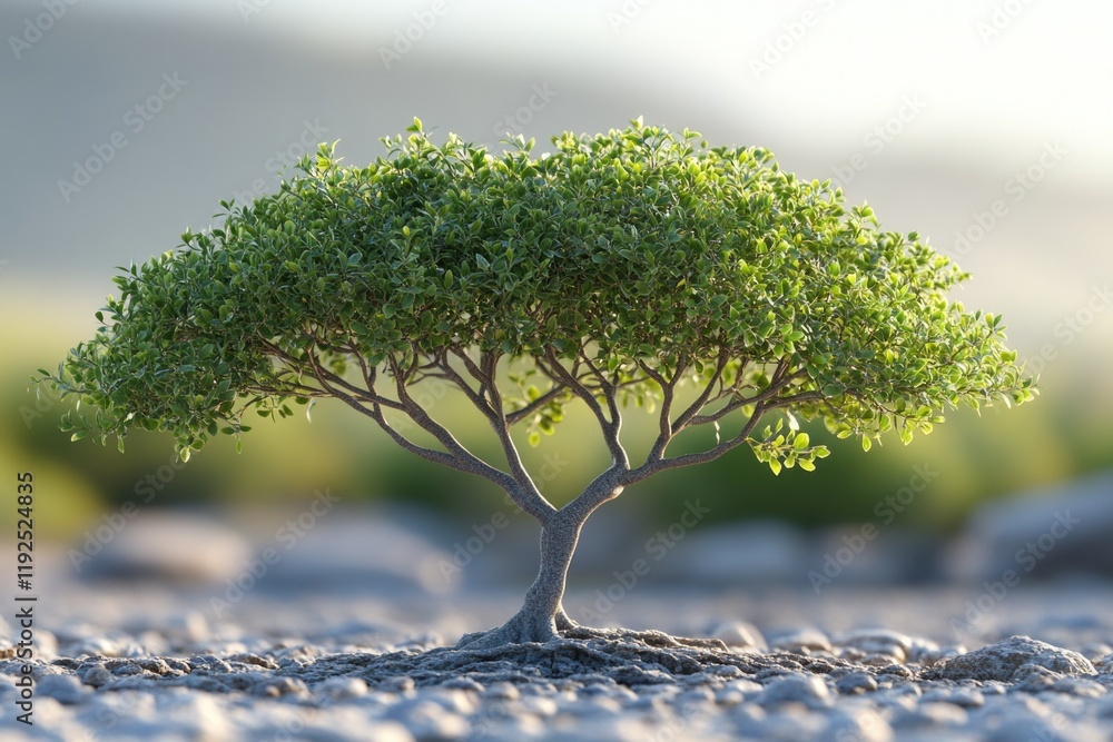 Poster A small tree grows on top of a pile of rocks, with some greenery visible