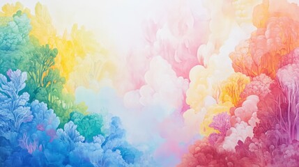 Fototapeta premium A vibrant abstract painting featuring soft, blended colors of blue, green, yellow, pink, and orange, evoking a dreamlike landscape.