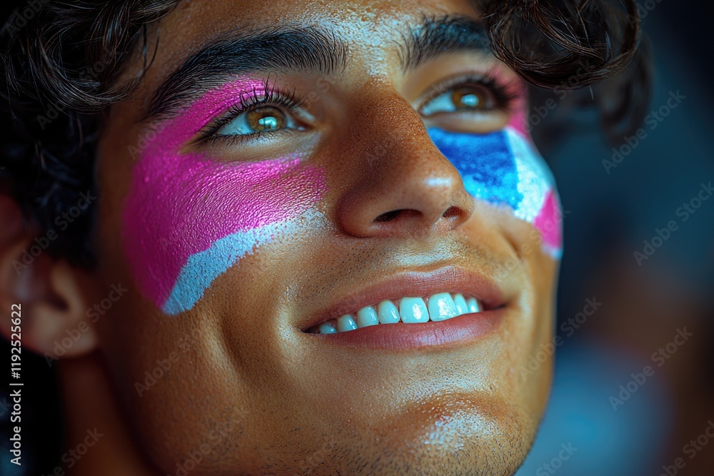 Poster a close-up shot of a person with face paint, ideal for use in illustrations or as a design element