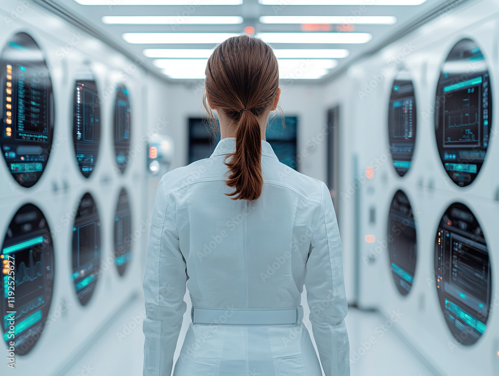 Poster scientist in futuristic laboratory surrounded by advanced digital screens and glowing data displays