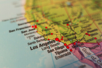 A close-up map of Southern California, showing major cities and transportation routes. Los Angeles city © Rokas